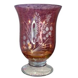 Lenox Crystal Vase Etched Cranberry Hurricane Glass Candelabra 9 Inch